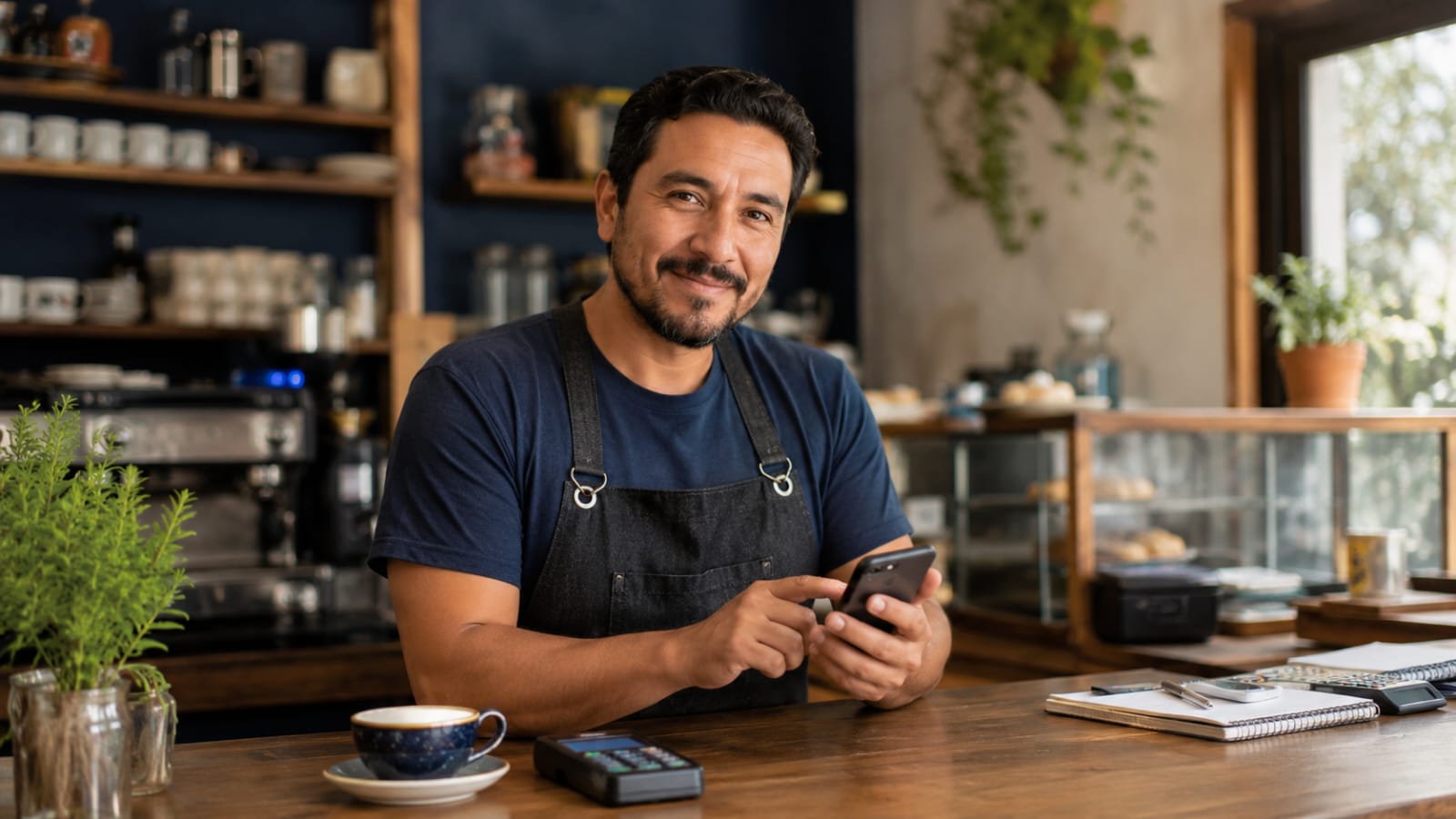 Dueño de cafetería listo para enviar un mensaje por WhatsApp
