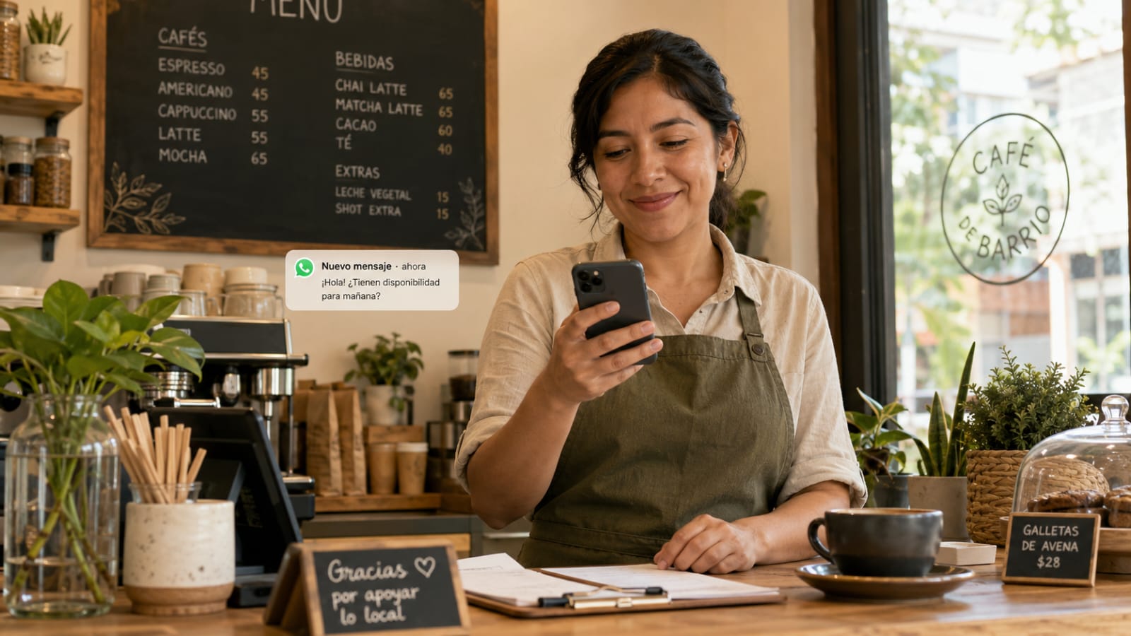Dueña de cafetería recibiendo una consulta por WhatsApp